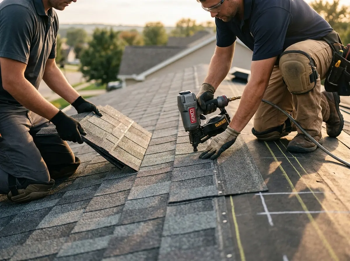 Professional roofer working on a residential roof in Stratford